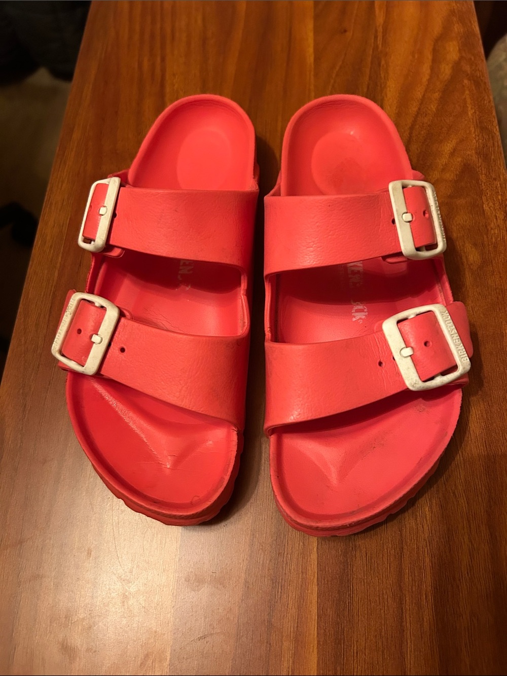 Birkenstock Coral Pink Two-Buckle Slide Sandals